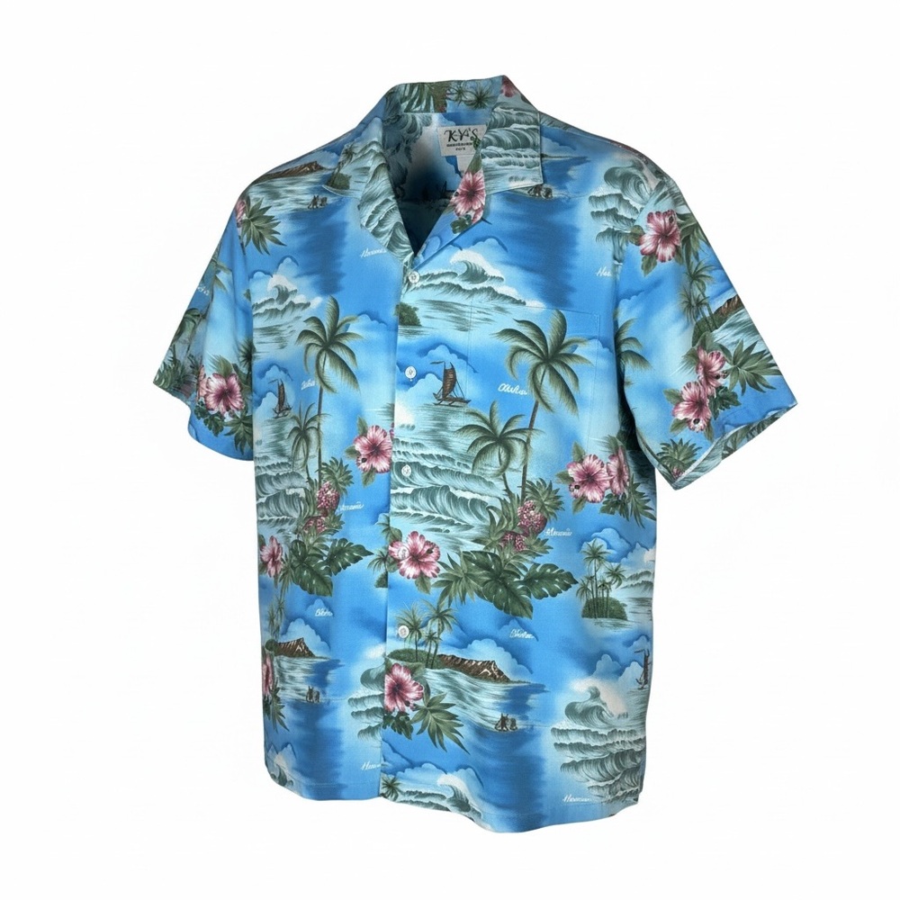 Vintage Hawaiian Shirt Made in‎ Hawaii Scenic Aloha Print Blue XL